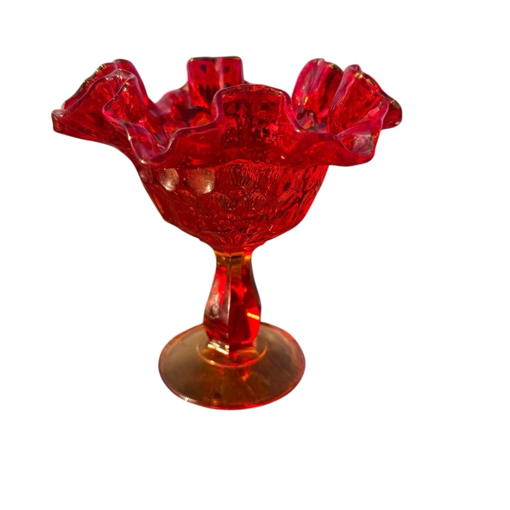 VINTAGE RED CARNIVAL GLASS COMPOTE WITH RUFFLED EDGE - Picture 4 of 12